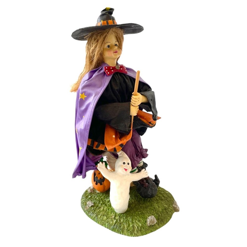 VTG Halloween Fabric Mache Witch Broom Ghosts Pumpkin 13”Statue/ Figurine
